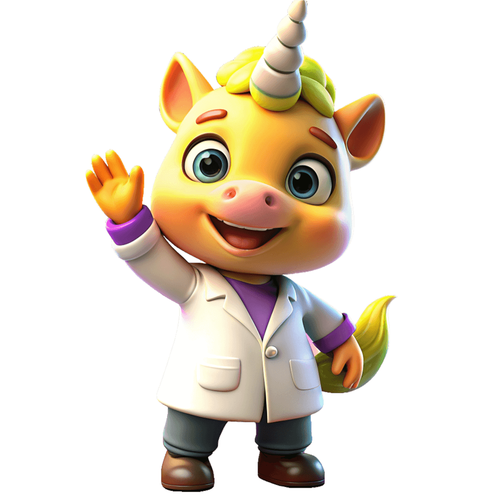 Unicorn in lab coat greeting you